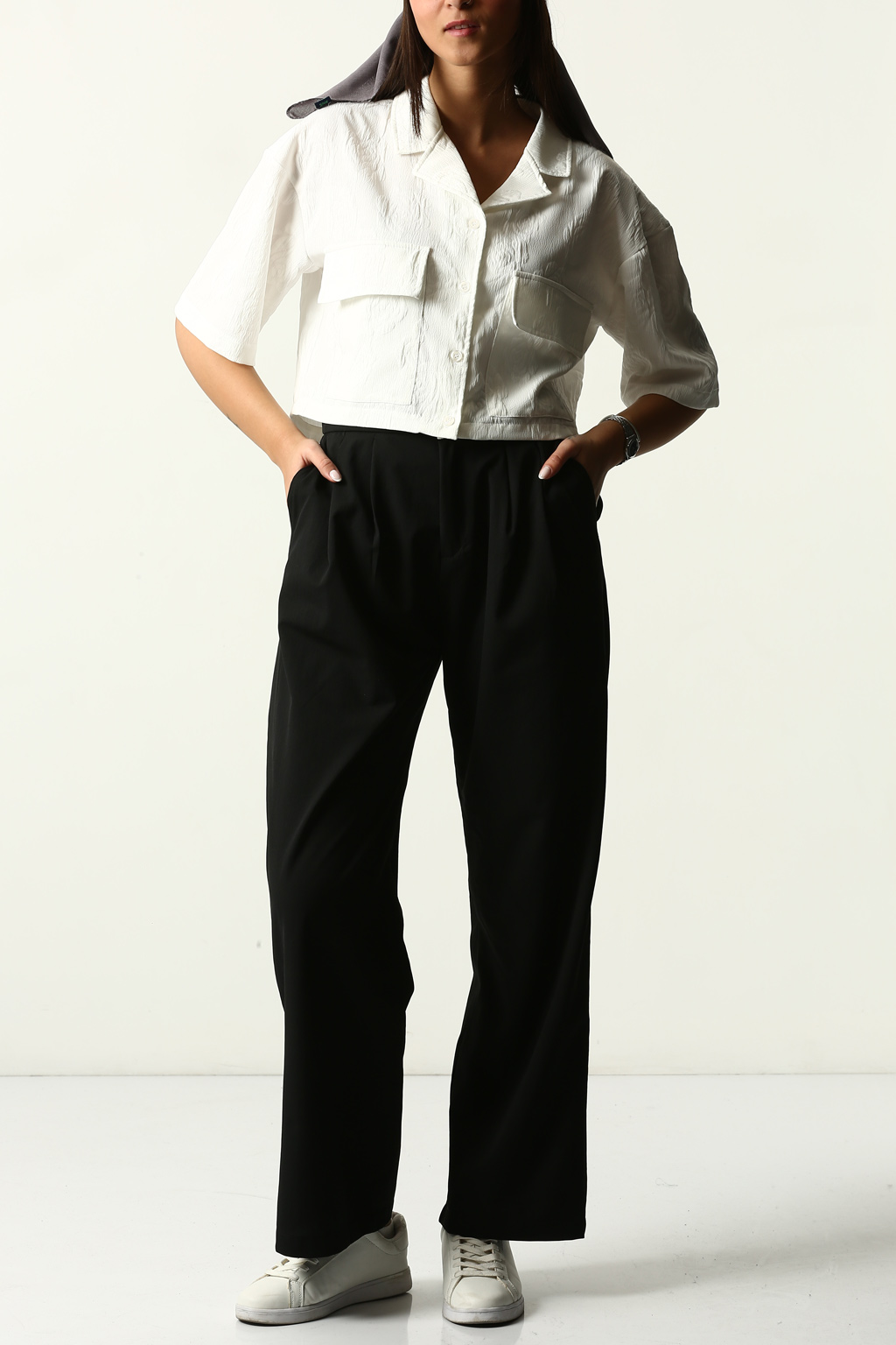 شومیز باکسی کراپ یقه انگلیسی زنانه