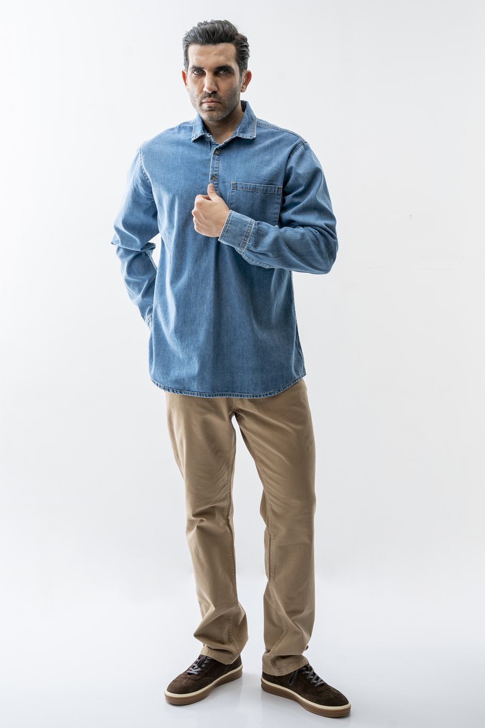 پیراهن جین نیم قاپک یقه دار مردانه